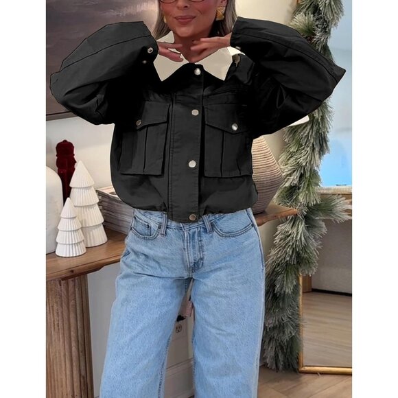 Women Black Cropped Utility Cargo Coat Contrast Collar Barn Outwear - Picture 6 of 6